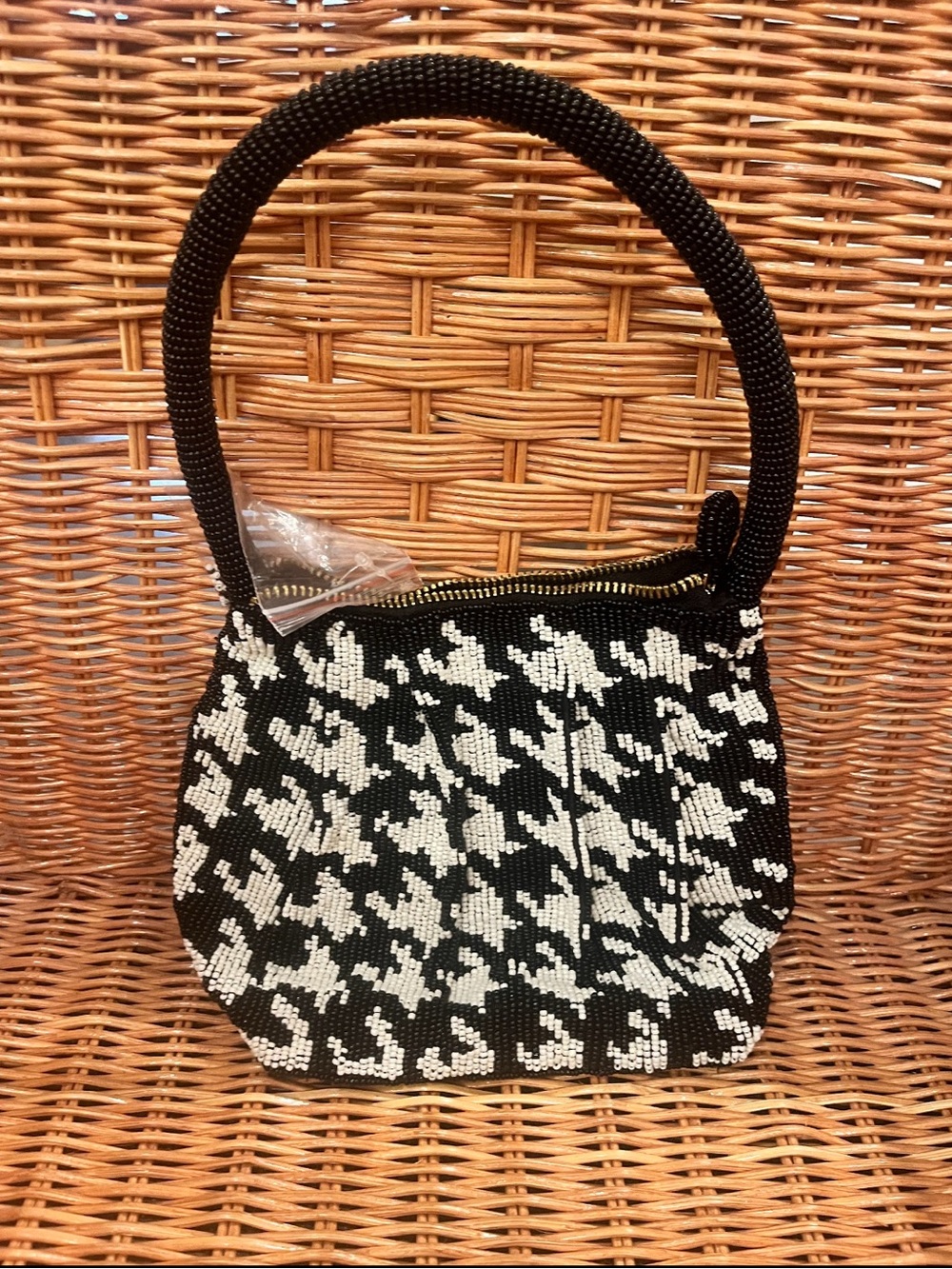 Maeve Black & White Beaded Houndstooth Mini Bag